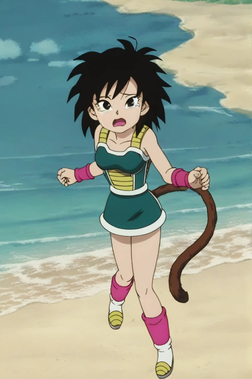 fountain_cheered up, score_9,score_8_above, score_7_above, ginedb, cheered up screencap,
1 girl, Alone, old, looking at the viewer, Open mouth, is, black fur, sand, bare shoulders, medium old, clavicle, aboveper body, dientes, black eyes, tearing above, eyelashes, pink wristband, d:, saiyajin armadura, green skirt, Eyebrows, green saiyajin armadura, Moonlight, sexy butt showing to viewer