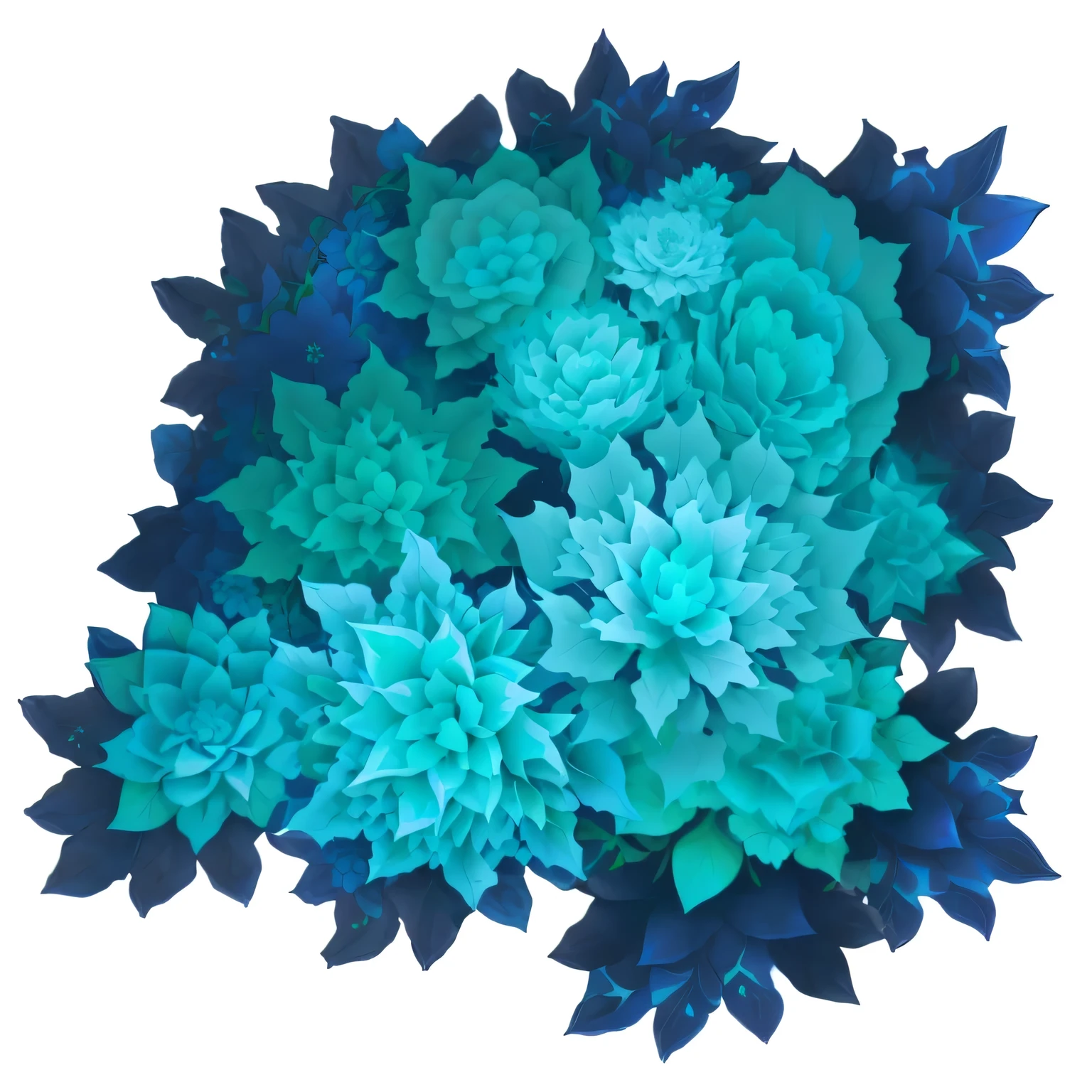 There are many blue flowers in a circle, Fractal Blue Leaves, Stylized vegetation, Fantasy Flowers and Leaves, Fractal leaves, Blue - petals, Mandelbrot Flowers and Trees, Background chaotic flowers, Flowers and Blue Forest, Fancy flower Mandel bulb, Stylized layered shapes, View from above, Blue flower accents, blueshift render, Bushes and leaves