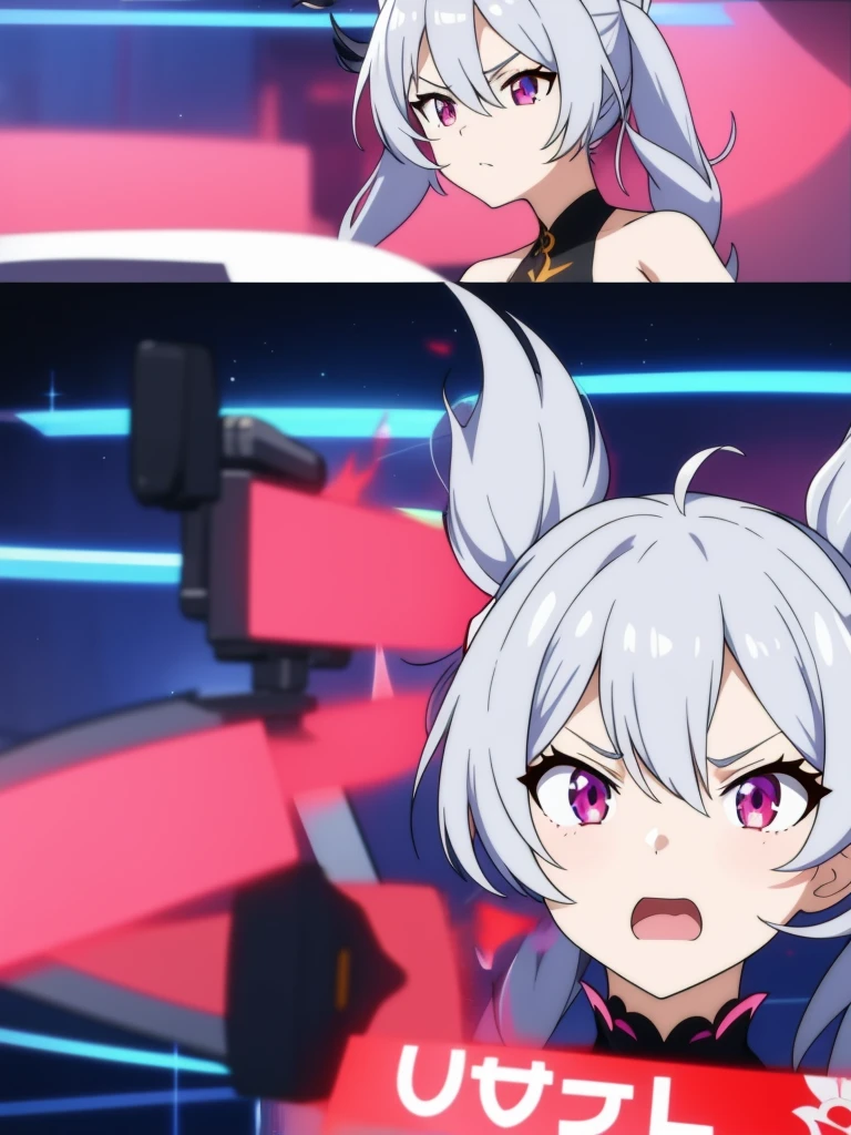 1girl, anime girl, silver hair, long twintails, silver eyes, rage face, honkai, anime screencap