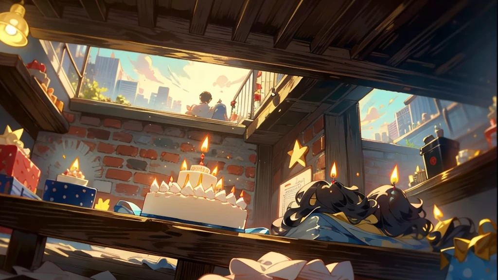Dark apartment, small birthday cake on old wooden table, modern apartment, alarm clock on the wall,anime scene.(((Upward shot))),(((No humans)))
