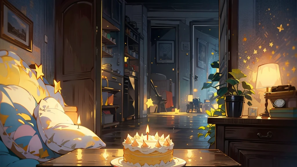 Dark apartment, small birthday cake on old wooden table, modern apartment, alarm clock on the wall,anime scene.(((Upward shot))),(((No humans)))