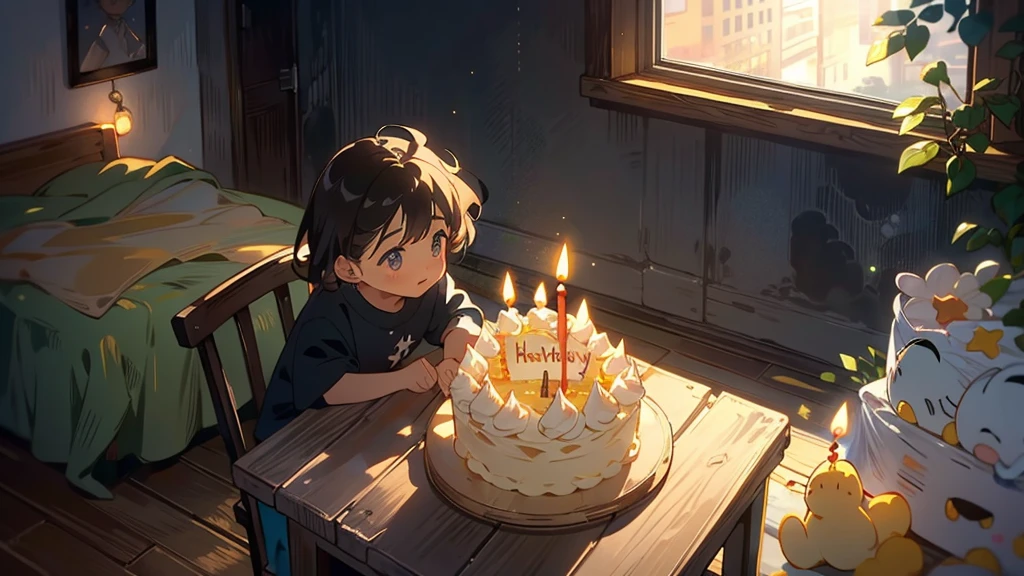 Dark apartment, small birthday cake on old wooden table, modern apartment, alarm clock on the wall,anime scene.(((Upward shot))),(((No humans)))