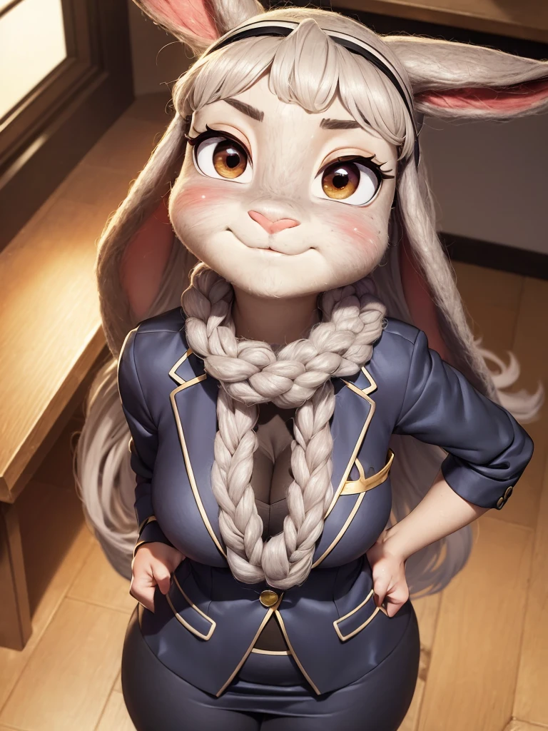 best quality, masterpiece, 3D anime, (((solo))), (((1girl))),  ((Face is JudyHopps)), (long ears like a rabbit:0.8), Heir is beige bobheir style, Body is human lady, mini skirt suit, (two-piece suit:0.5), office business suit stlye, (the suit is made of wool:1.4), suit color is {gray stripe, red, yellow, green, white, black}, ((skin is silver with fluffy and fluffy)), (high-angle view), sideways glance, In the background there is a secret room, ((She is making that shy finger touching pose, blushing in the cheeks)), (((She is staring downward, appearing downcast, She is gazing downward with a downcast expression)))