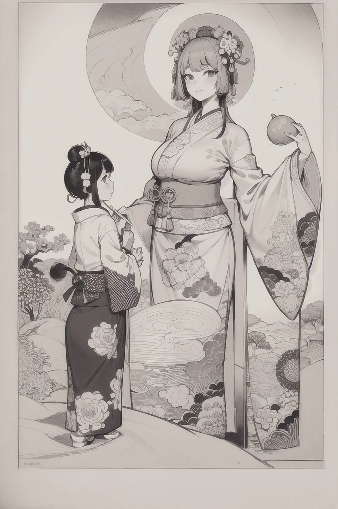 best quality, masterpiece, photo, 4K, photorealistic, highly detailed, huge moon in the background, black and white, closeup, Create a realistic ukiyo-e illustration of a cute girl in a kimono that conveys Japanese culture in various poses with a Japanese garden in the background, using a simple monochrome coloring book that even children can do.
