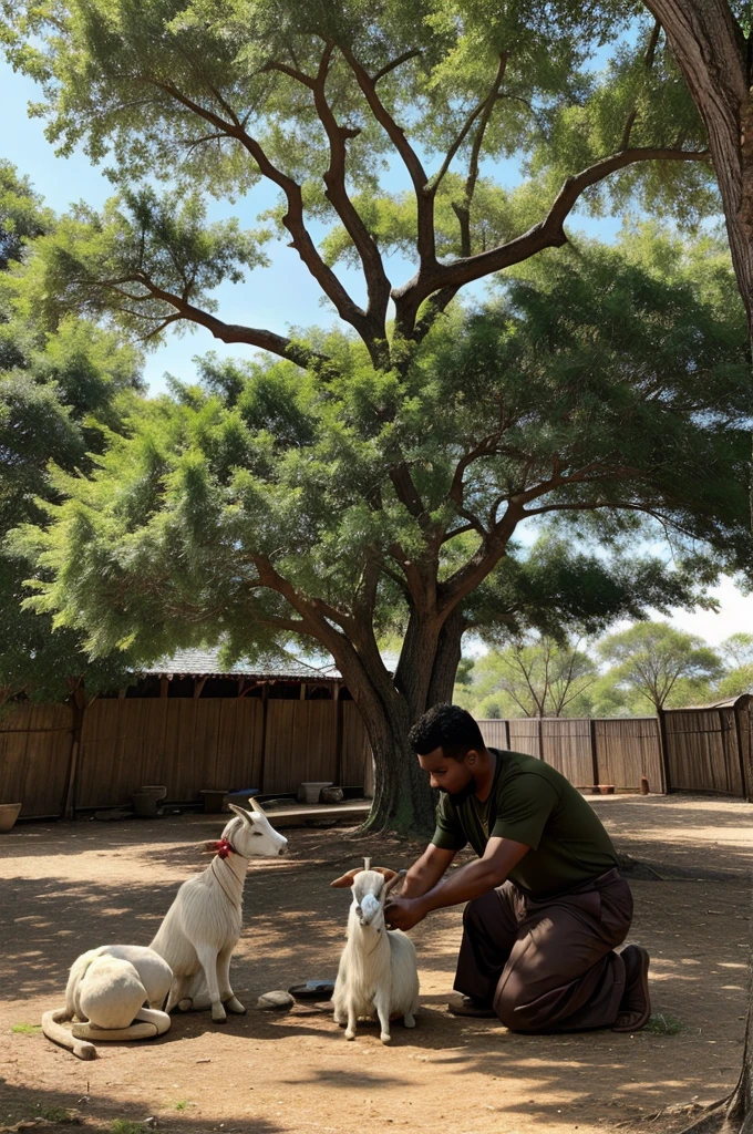 A king is sacrificing a goat under a big tree 