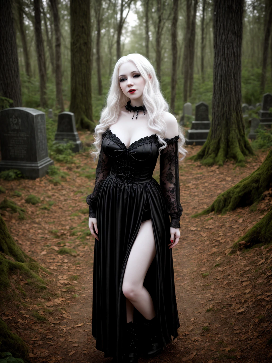 female sexy vampire|albino, pale porcelain skin, sexy vintage black dress, smile, shallow depth of field, grin|creepy, nightfall, detailed face, night, wide hips, narrow waist, portrait of woman standing, detailed eyes, portrait of woman standing, 8k RAW photo, highest quality, looking at the viewer, best shadow, intricate details, long hair, bright eyes, forest, grave, gothic, goth detailed, highres, high qualilty, high saturation