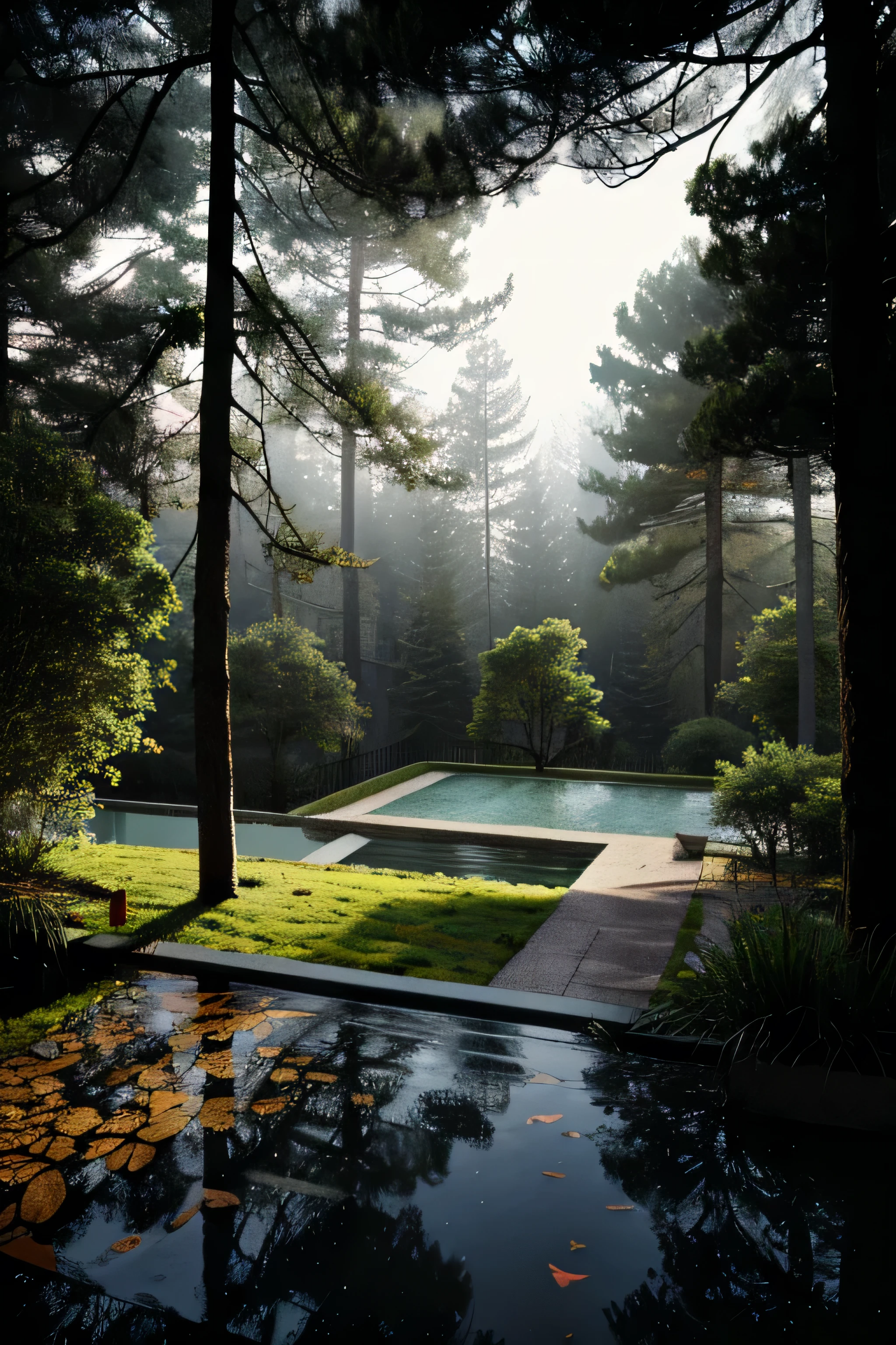 1 bedroom, view from outside, forest outside, bed-in, Raby, book shelf, night, decorated furniture, uncanny, 8k realism, the doors,