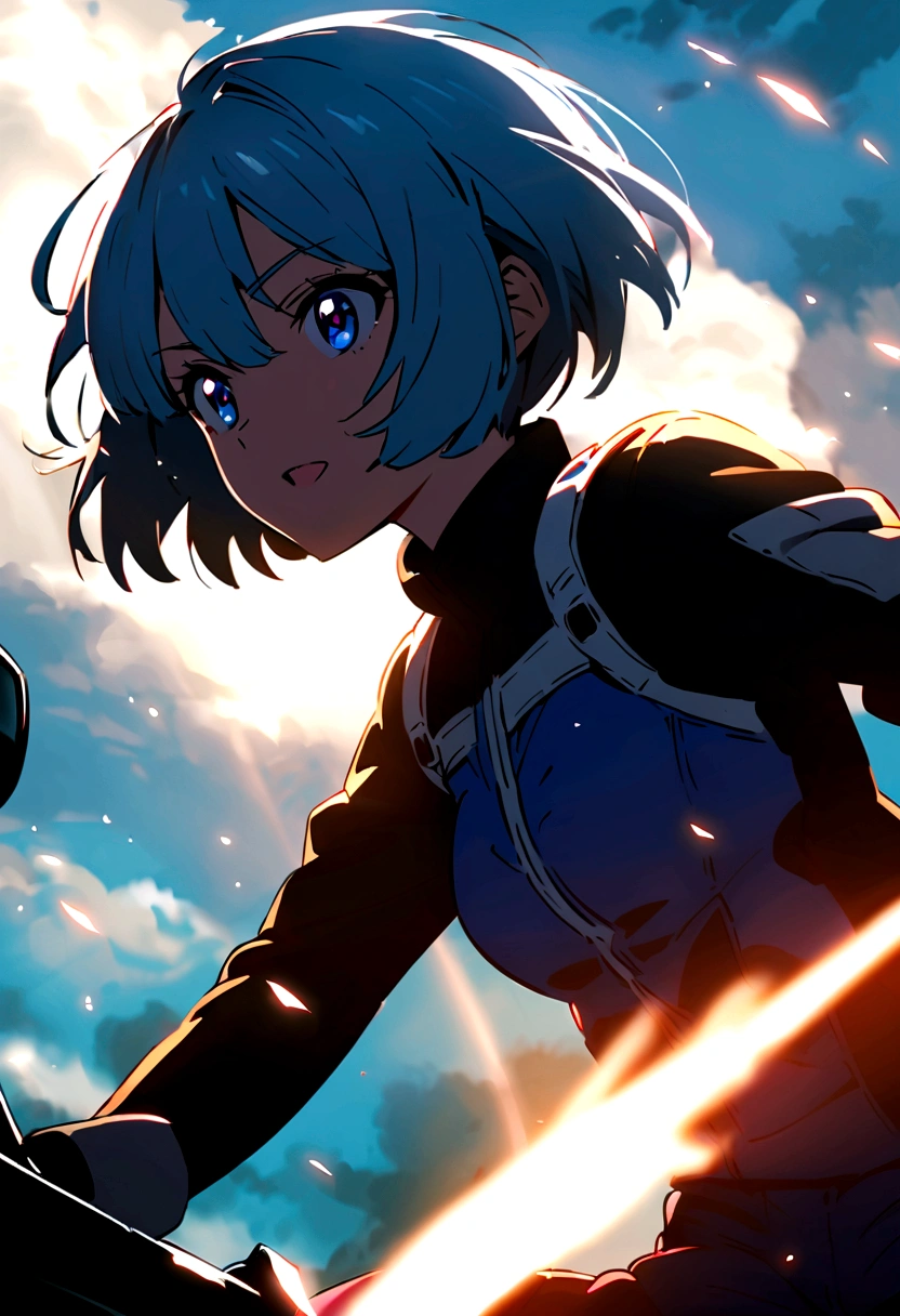 The girl who is from anime short hair cholo suit vicolor eyes on a motorcycle