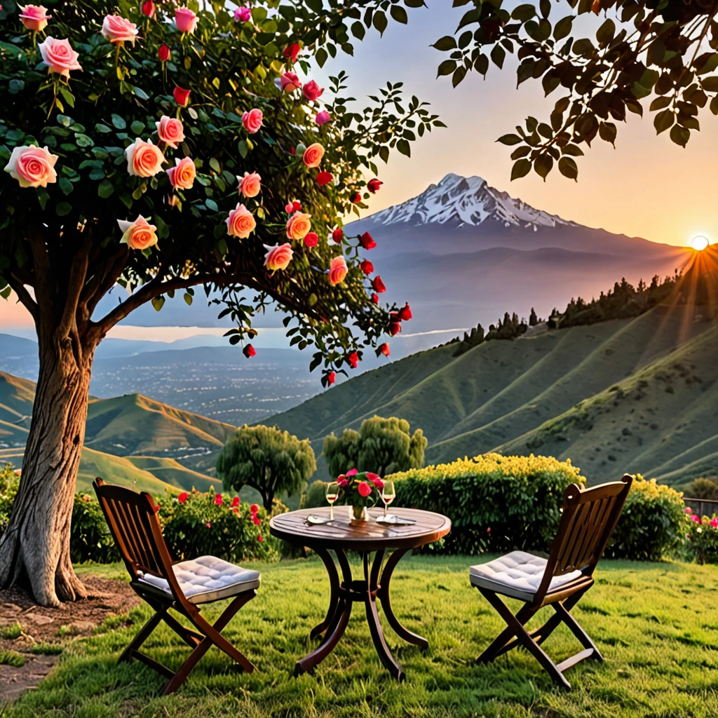 Two chairs and a table with roses under a big tree, a mountain view in the background, covered in sunset