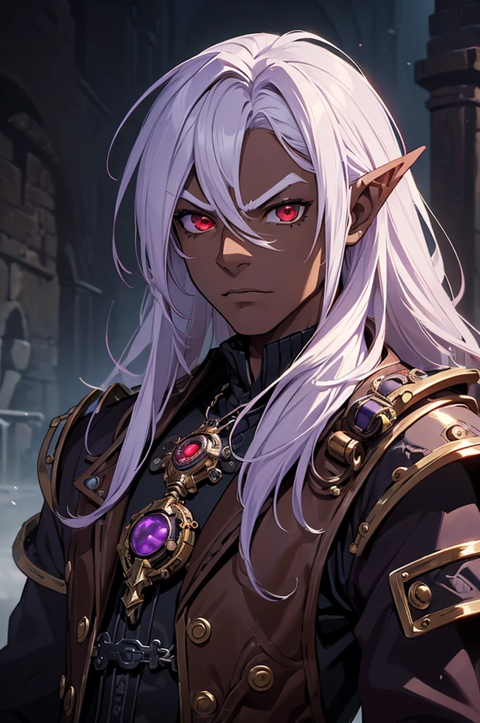 ((best quality)), ((masterpiece)), (detailed), ((boy)), ((mix between dungeonpunk and steampunk)), (serious), fantasy illustration dark skinned, human, upper body, portrait, red eyes, long white hair, Xemnas from Kingdom Hearts, half-drow, pointy ears, serious face, dramatic lighting, purple hue, art by Kinema Citrus and Tetsuya Nomura