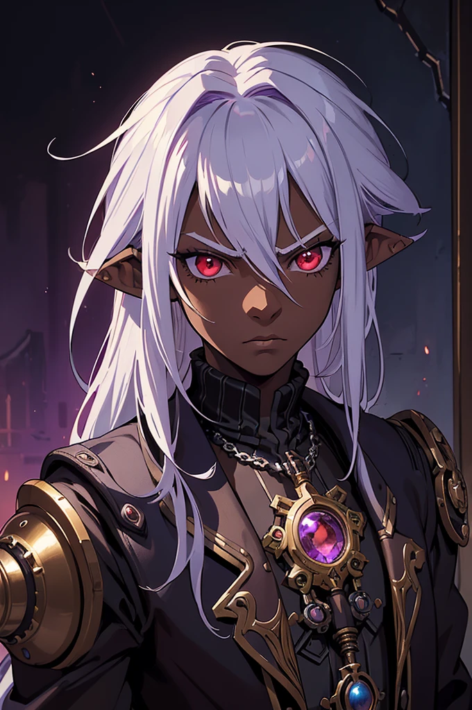 ((best quality)), ((masterpiece)), (detailed), ((boy)), ((mix between dungeonpunk and steampunk)), (serious), fantasy illustration dark skinned, human, upper body, portrait, red eyes, long white hair, Xemnas from Kingdom Hearts, half-drow, pointy ears, serious face, dramatic lighting, purple hue, art by Kinema Citrus and Tetsuya Nomura