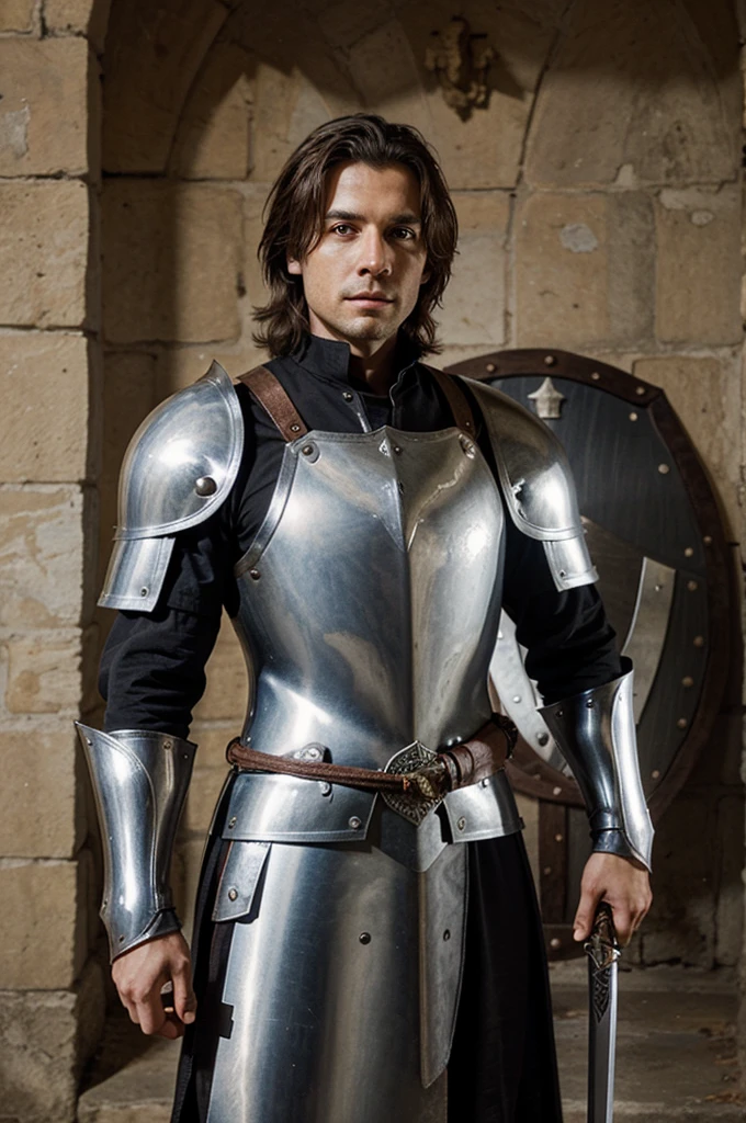 Draw me a picture of a knight with a sword and a shield on his shield that says HL