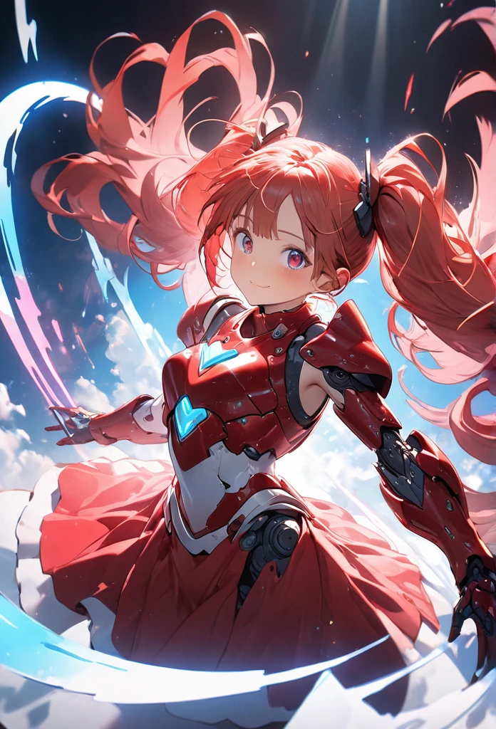 a girl with red twin tails wearing red and white robot armor, spinning a long red-handled spear in front of her chest with both hands, summoning a colorful magic circle with a mix of red, white, and pink on her back, neon lights shining brightly from the armor, a blue neon light shining from the tip of the spear, the girl looking up with her eyes closed, (best quality,4k,8k,highres,masterpiece:1.2),ultra-detailed,concept art,highly detailed facial features,beautiful hair and skin texture,exquisite robot armor texture,breathtaking magical effects,dynamic action pose,dramatic lighting,cinematic composition,vibrant colors