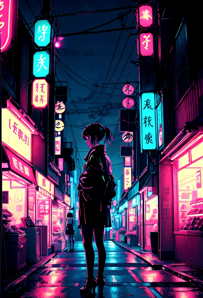 Neon lights illuminating the night cityscape, melodramatic Japanese lo-fi, brightly colored neon, a girl standing in front of a store, close-up