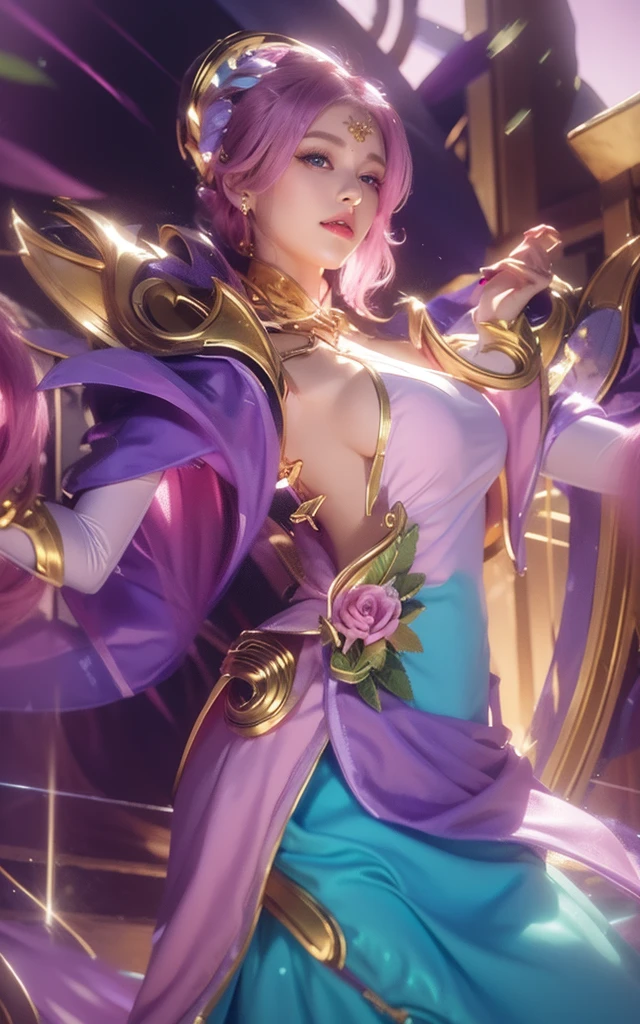 Woman with purple long hair, woman with beautiful face, woman with beautiful blue round eyes, woman with blue feather wing on her right hand, beautiful woman with pink lipstick, morning background, woman with beautiful pink flower on her blonde short hair, woman using pink skirt, woman with gold Root accessories on her body, woman on green leaf background, woman with golden accessories on her head, woman using blue dress and pink white gradient color, pink flower on her Purplehair, purple dress, i SAID purple DRESSSSS