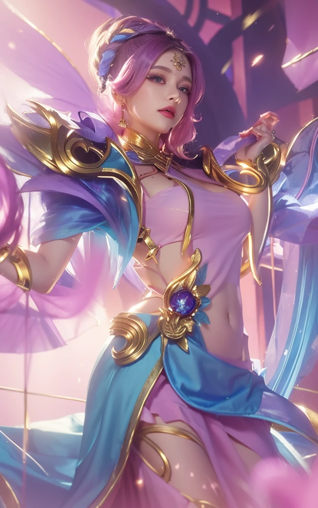 Woman with purple long hair, woman with beautiful face, woman with beautiful blue round eyes, woman with blue feather wing on her right hand, beautiful woman with pink lipstick, morning background, woman with beautiful pink flower on her blonde short hair, woman using pink skirt, woman with gold Root accessories on her body, woman on green leaf background, woman with golden accessories on her head, woman using blue dress and pink white gradient color, pink flower on her Purplehair, purple dress, i SAID purple DRESSSSS
