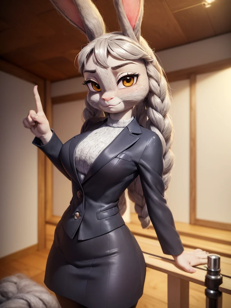 best quality, masterpiece, 3D anime, (((solo))), (((1girl))), ((Face is JudyHopps)), (long ears like a rabbit:0.8), Heir is beige bobheir style, Body is human lady, mini skirt suit, (two-piece suit:0.5), office business suit stlye, (the suit is made of wool:1.4), suit color is {gray stripe, red, yellow, green, white, black}, ((skin is silver with fluffy and fluffy)), (high-angle view), sideways glance, In the background there is a secret room, ((She is making that shy finger touching pose, blushing in the cheeks)), (((She is staring downward, appearing downcast, She is gazing downward with a downcast expression)))