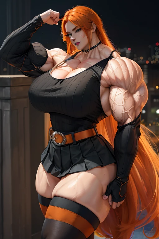 ((((Massive tall, beautiful, buff, sweating, l pale white skinned muscular woman with orange hair, black lipstick, ginormous bulky muscles and wearing a beautiful black long-sleeved blouse with a beautiful long pleated skirt)))), (close view), massive muscle, massive biceps, hyper muscle shoulders, massive muscle arms, vascular shoulders, hyper muscle triceps, (shaggy long hair), (beautiful black long-sleeved blouse with a belt), green eyes, gloves, choker, (beautiful long black pleated skirt), (thigh high socks), boots, in a school rooftop, confidant smile, night, hyper vascular arm, hyper muscles arms, hyper muscle legs, massive arms