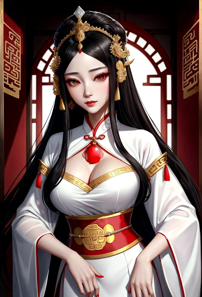 Close up of a woman with black hair wearing a white dress, beautiful fantasy empress, Palace , girl in hanfu, ancient chinese princess, beautiful character drawings, Works inspired by Lan Ying, chinese princess, popular on cgstation, Empress of China, ((beautiful fantasy empress)), chinese girl, wearing ancient chinese clothes, Inspired by Gongsian, Ancient Chinese goddesses