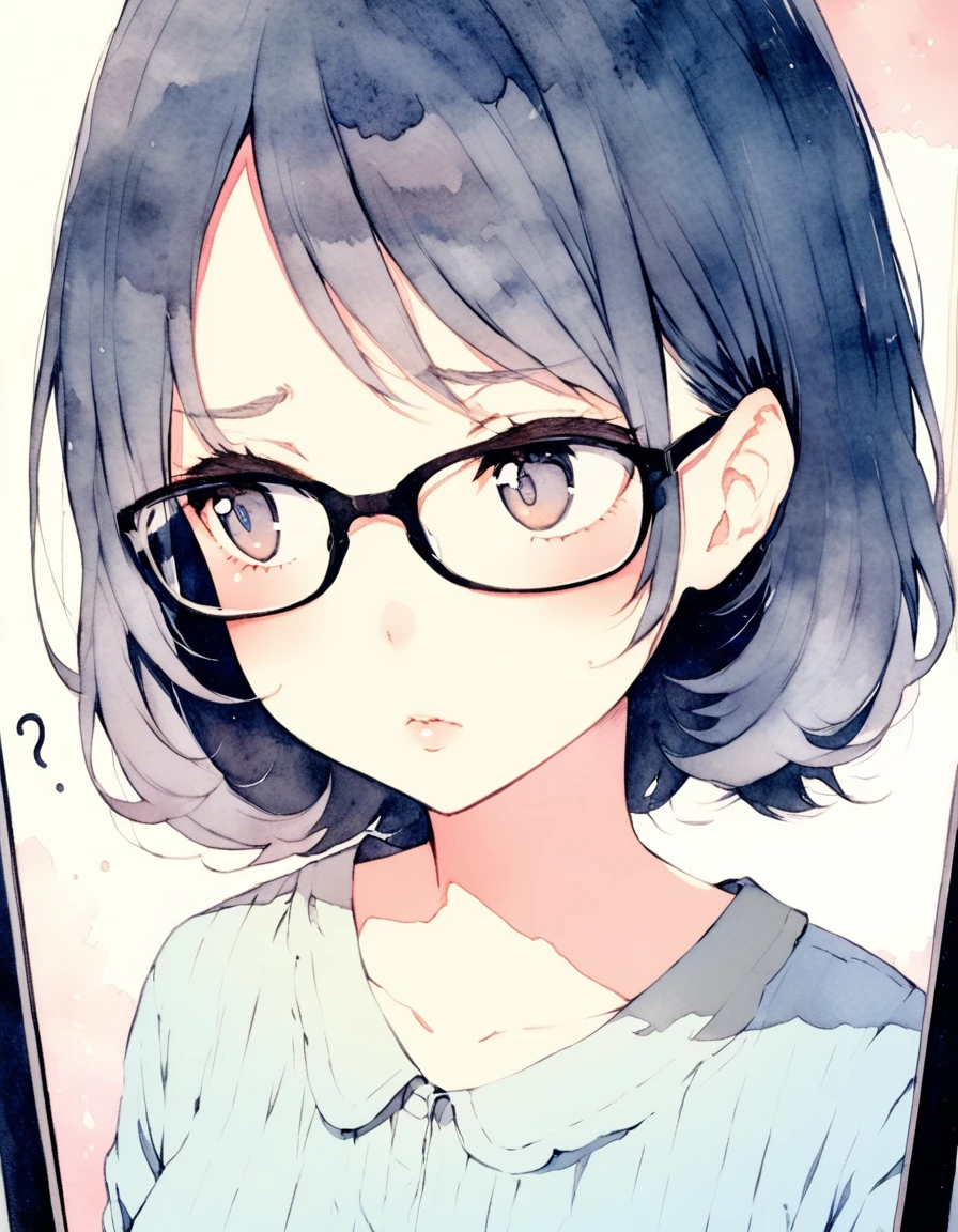 ultra-detailed:1.3, ultra delicate and detailed face:1.3, (absurdres, texture, masterpiece), watercolor, soft warm color, ennui morning, pixiv contest winner, by Q Hayashida, dynamic manga-style illustration of slender girl with glasses is pouting in front of mirror, looking away, moist eyes, moist lips, head tilt, ?,