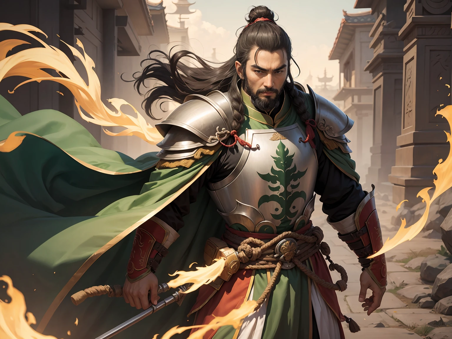 Full-length portrait of Chinese Liu Bei. His appearance is goat's beard, soft and charismatic. His topknot and light green armor unique to ancient China.