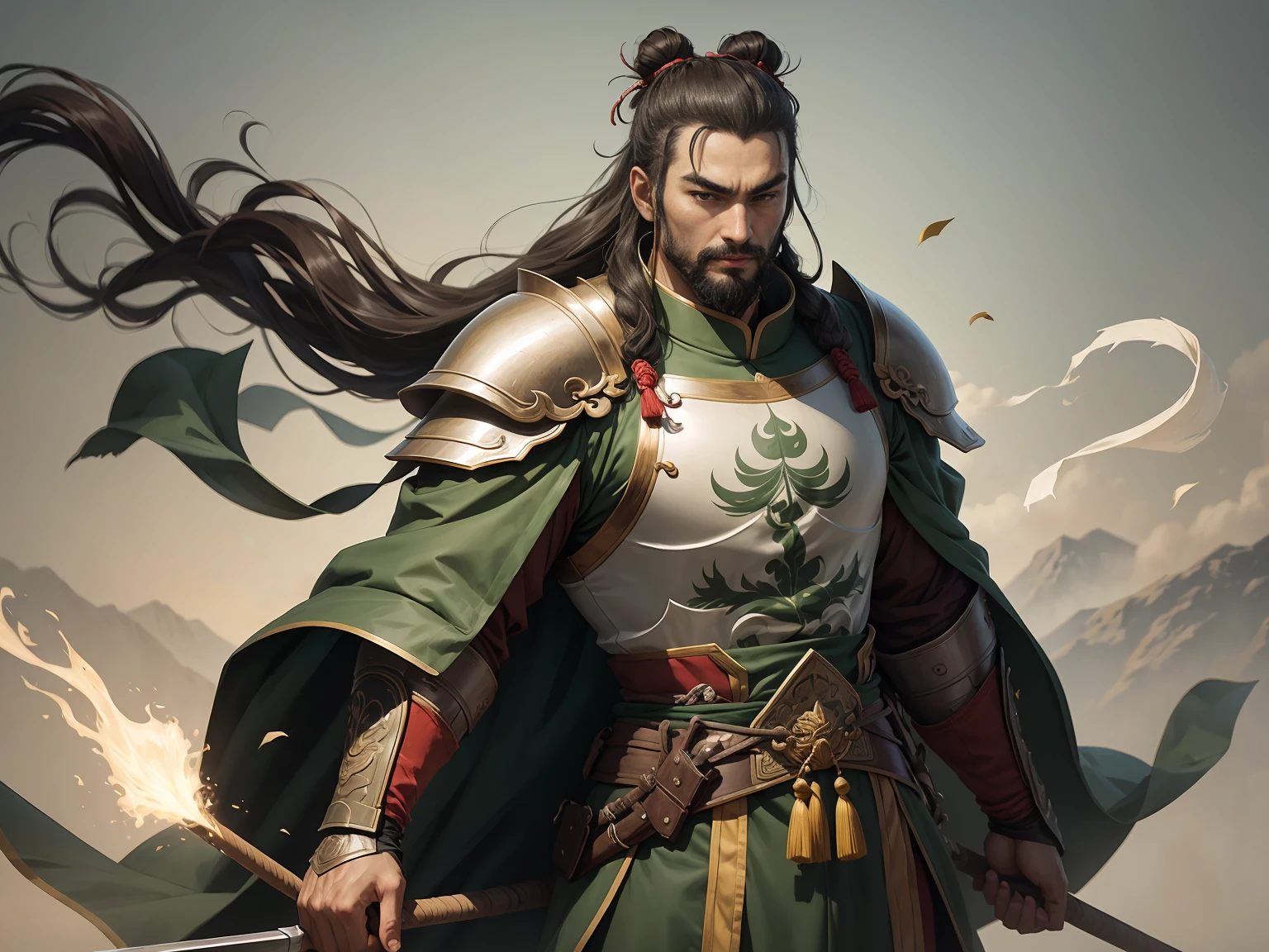 Full-length portrait of Chinese Liu Bei. His appearance is goat's beard, soft and charismatic. His topknot and light green armor unique to ancient China.