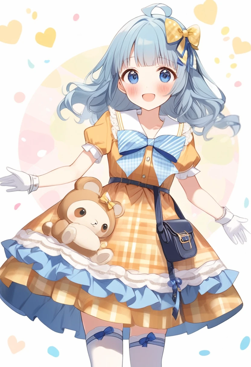 masterpiece, best quality, extremely detailed, (illustration, official art:1.1), 1 girl ,(((( light blue long hair)))), ,(((( light blue long hair)))),light blue hair, , long hair ((blush)) , cute face, big eyes, masterpiece, best quality,(((((a very delicate and beautiful girl))))),Amazing,beautiful detailed eyes,blunt bangs((((little delicate girl)))),tareme(true beautiful:1.2), sense of depth,dynamic angle,,,, affectionate smile, (true beautiful:1.2),,(tiny 1girl model:1.2),)(flat chest), 1girl, suou momoko, charmy-angle, looking at viewer, blue bow, frills, striped bow, head tilt, smile, frilled dress, thighhighs, white thighhighs,  hair ornament, shoes, frilled sleeves, dress bow, cross-laced clothes, blue eyes, wrist cuffs, puffy short sleeves, polka dot bow, detached sleeves, leg up, short sleeves, solo, white gloves, bow legwear,, bow print, holding, white background, blunt bangs, standing on one leg, outstretched arms, yellow dress, ahoge, plaid dress, :d, layered dress, blue footwear, collared dress, spread arms, off shoulder, white bow, hair bow, wavy hair, bag, animal bag, white neckwear,  standing, blue ribbon, handbag, blush, neck ribbon, short hair, yellow bow, diagonal-striped bow, white collar, bear print, shadow, hair ribbon, bare shoulders, frilled thighhighs, orange dress, garter straps, open mouth, frilled bow, print skirt, detached collar, bear shaped bag, back bow, puffy sleeves, masterpiece, best quality 