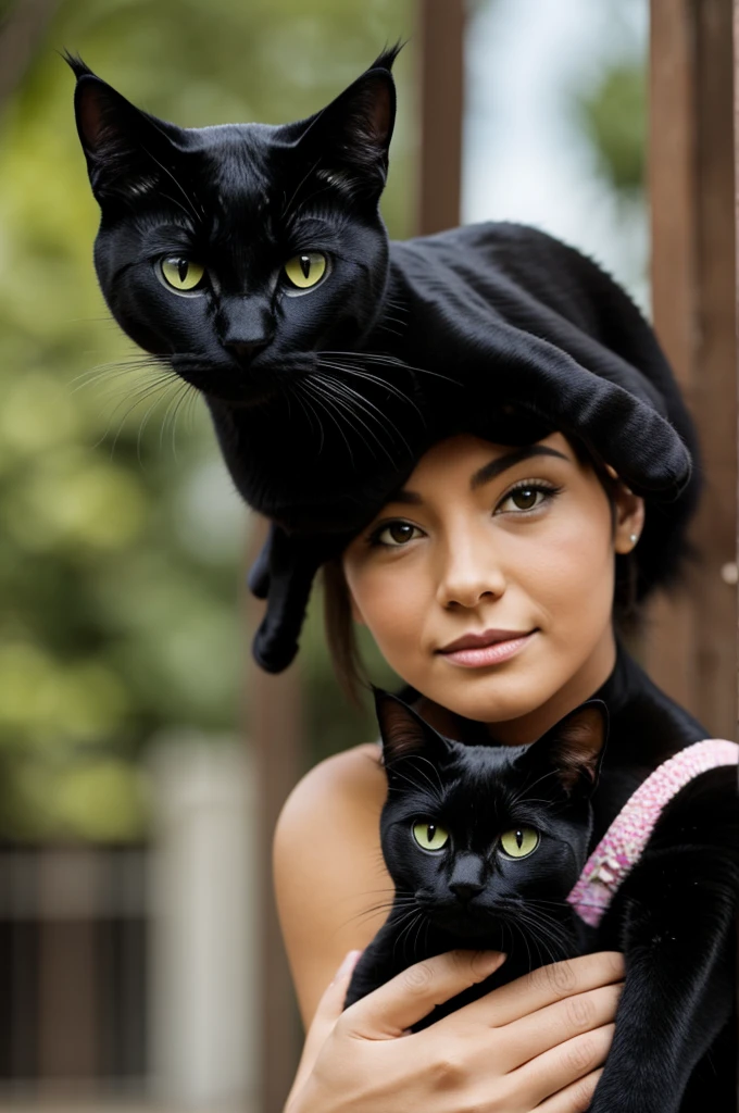 A single black cat in front of a woman