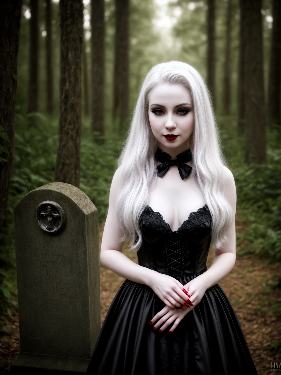 female sexy vampire|albino, pale porcelain skin, sexy vintage black dress, smile, shallow depth of field, grin|creepy, nightfall, detailed face, night, wide hips, narrow waist, portrait of woman standing, detailed eyes, portrait of woman standing, 8k RAW photo, highest quality, looking at the viewer, best shadow, intricate details, long hair, bright eyes, forest, grave, gothic, goth detailed, highres, high qualilty, high saturation