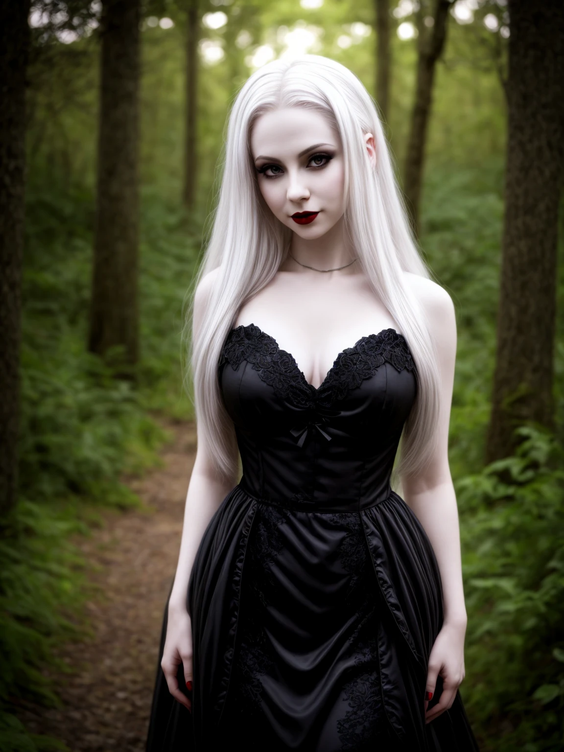female sexy vampire|albino, pale porcelain skin, sexy vintage black dress, smile, shallow depth of field, grin|creepy, nightfall, detailed face, night, wide hips, narrow waist, portrait of woman standing, detailed eyes, portrait of woman standing, 8k RAW photo, highest quality, looking at the viewer, best shadow, intricate details, long hair, bright eyes, forest, grave, gothic, goth detailed, highres, high qualilty, high saturation