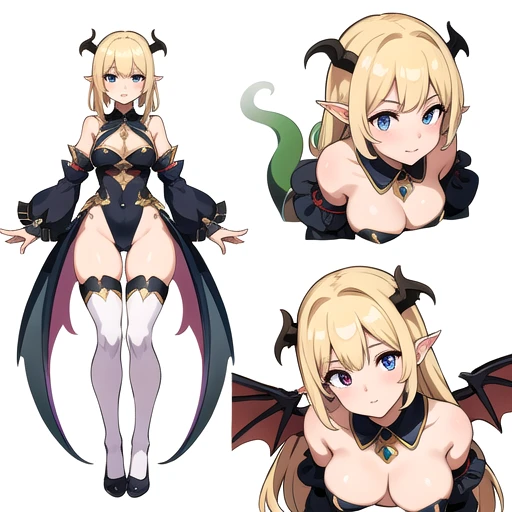 masterpiece, best quality, cute eyes, 1girl, solo, high fantasy costume, ((white background)), full body, multiple views, leotard, succubus, dragon horn, detached sleeves,
