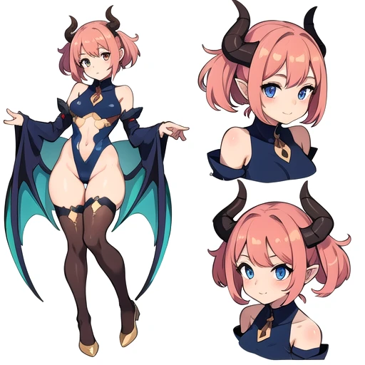 masterpiece, best quality, cute eyes, 1girl, solo, high fantasy costume, ((white background)), full body, multiple views, leotard, succubus, dragon horn, detached sleeves,
