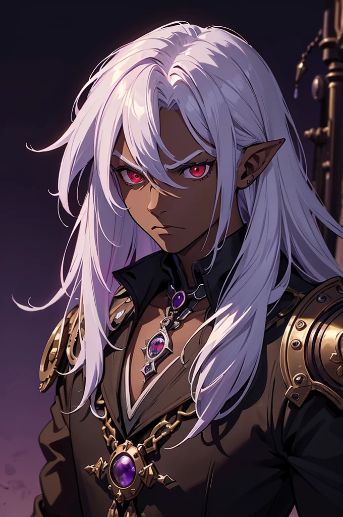 ((best quality)), ((masterpiece)), (detailed), ((boy)), ((mix between dungeonpunk and steampunk)), (serious), fantasy illustration dark skinned, human, upper body, portrait, red eyes, long white hair, Xemnas from Kingdom Hearts, half-drow, pointy ears, serious face, dramatic lighting, purple hue, art by Kinema Citrus and Tetsuya Nomura