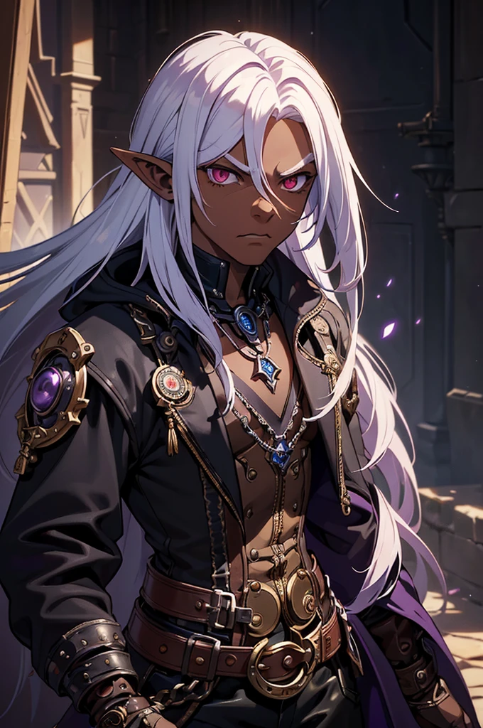 ((best quality)), ((masterpiece)), (detailed), ((boy)), ((mix between dungeonpunk and steampunk)), (serious), fantasy illustration dark skinned, human, upper body, portrait, red eyes, long white hair, Xemnas from Kingdom Hearts, half-drow, pointy ears, serious face, dramatic lighting, purple hue, art by Kinema Citrus and Tetsuya Nomura