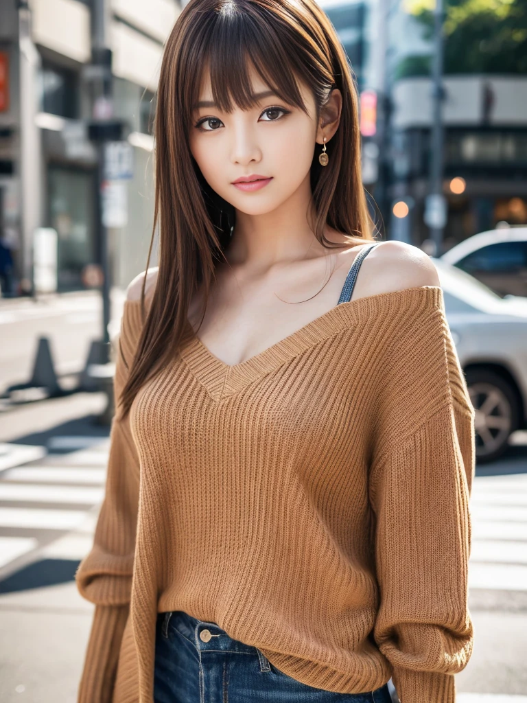 Ultra-high resolution, Superior Quality, Highest quality, Super detailed, Realistic, 8K, RAW Photos, Highest quality, masterpiece, Attractive girl, A wonderful girl, Brown Hair, Shoulder-length layered, Asymmetrical bangs, Japanese Idols, Sophisticated, stylish, V-neck knit, Shibuya Ward, great joy
