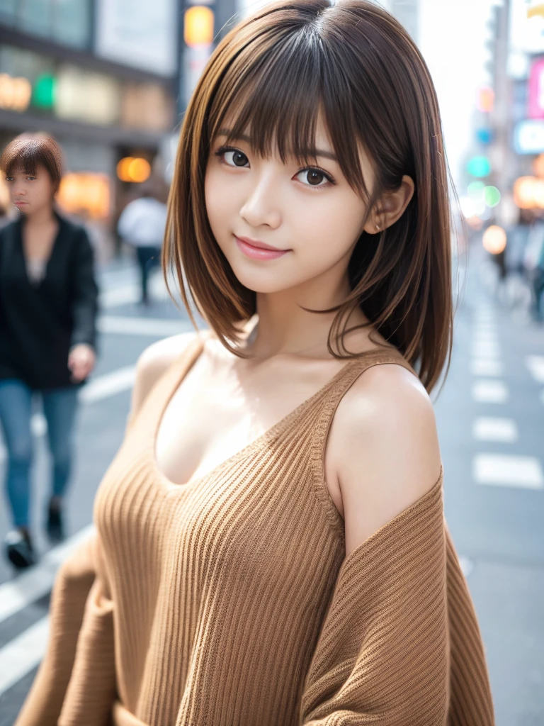 Ultra-high resolution, Superior Quality, Highest quality, Super detailed, Realistic, 8K, RAW Photos, Highest quality, masterpiece, Attractive girl, A wonderful girl, Brown Hair, Shoulder-length layered, Asymmetrical bangs, Japanese Idols, Sophisticated, stylish, V-neck knit, Shibuya Ward, great joy