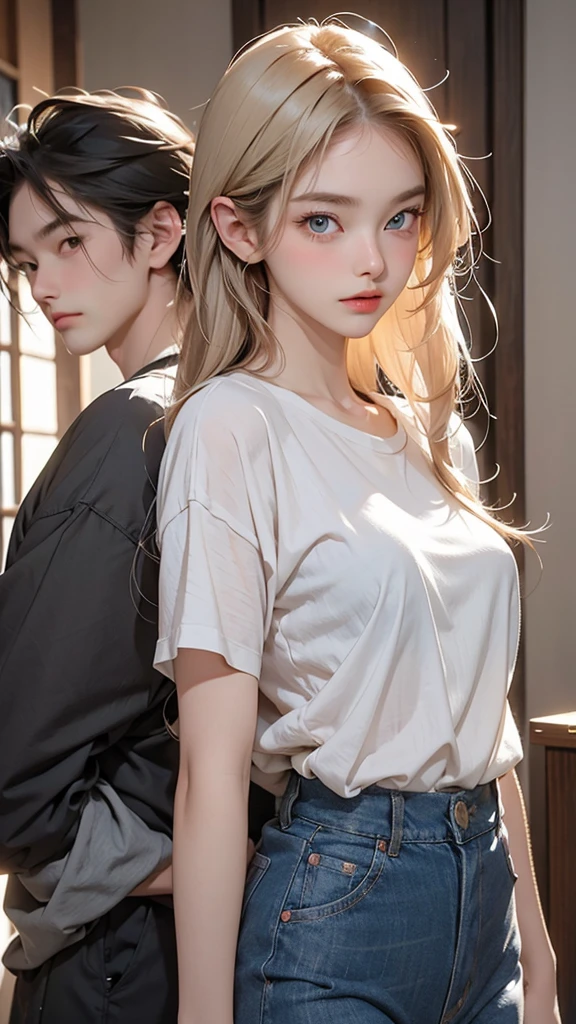 Please create an image of two people. First, a stunning beauty who is half French and half Japanese. She has an exceptionally beautiful face, with striking blue eyes and long, straight blonde hair. She wears a cute dress and has a smiling expression. The second person is a man with black hair and long bangs. He wears a T-shirt and denim. His expression is slightly bashful. The composition should be an upper body close-up image, with the beauty on the right and the man on the left, standing side by side