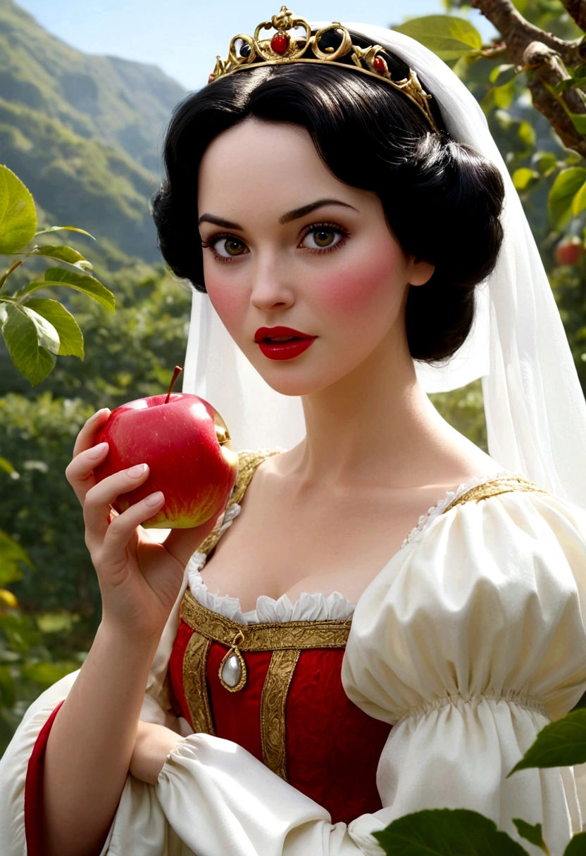 look at viewer,beautiful snow white eating an apple ultra nítido foco, look at viewer,Imagens realistas, Roupas femininas medievais, cor tetradica, Close Up, Look at viewer