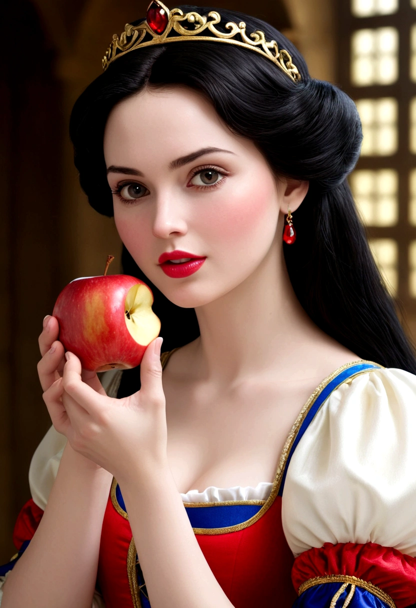 look at viewer,beautiful snow white eating an apple ultra nítido foco, look at viewer,Imagens realistas, Roupas femininas medievais, cor tetradica, Close Up, Look at viewer