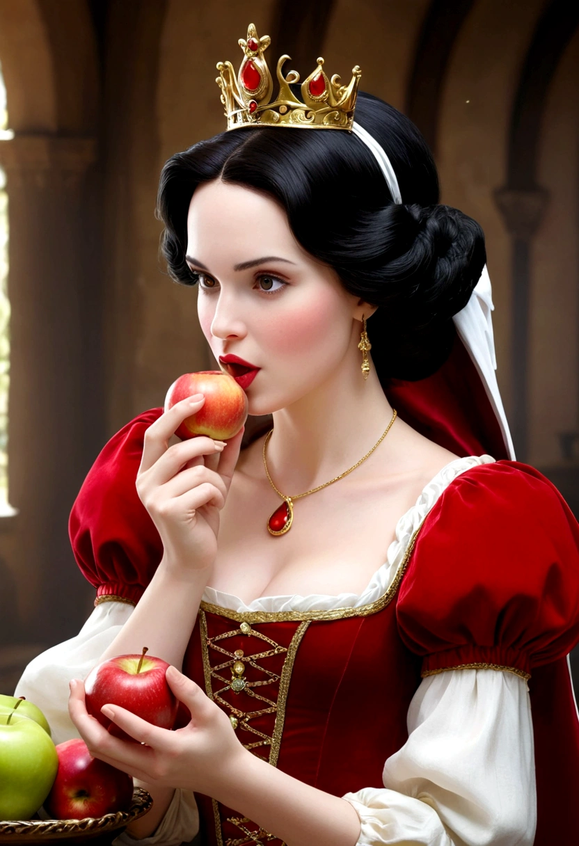 look at viewer,beautiful snow white eating an apple ultra nítido foco, look at viewer,Imagens realistas, Roupas femininas medievais, cor tetradica, Close Up, Look at viewer