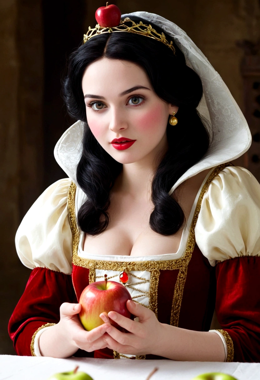 look at viewer,beautiful snow white eating an apple ultra nítido foco, look at viewer,Imagens realistas, Roupas femininas medievais, cor tetradica, Close Up, Look at viewer