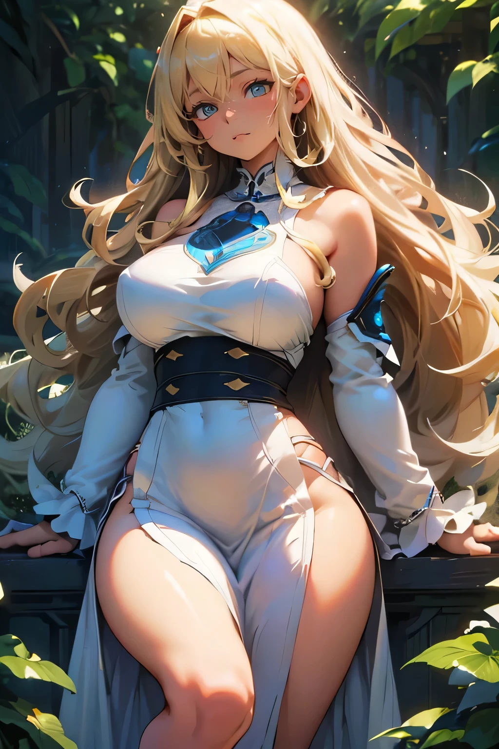 4K, high quality, Deep Shadow, Dappled Light, Long blonde hair, blue eyes, sexy, Big Breasts, Thick thighs, Wide Hips, Hip Dip, Big Hips, Pelvic Curtain, dress, white dress