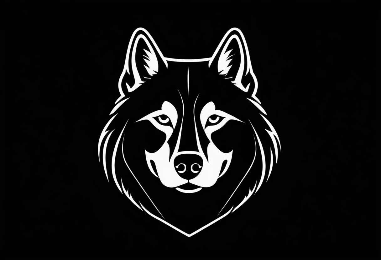 A white logo outline of a cool Siberian husky on a black background