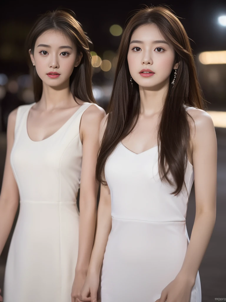((Realistic lighting, best quality, 8K, masterpiece: 1.3)), Key Points: 1.2, 1 Girl, Perfect body: 1.4, Slim abdominal muscles: 1.1, ((Dark brown hair)), (White Dress: 1.4), (outdoor, night: 1.1), City Streets, Very delicate face, Beautiful eyes, Double eyelids,
