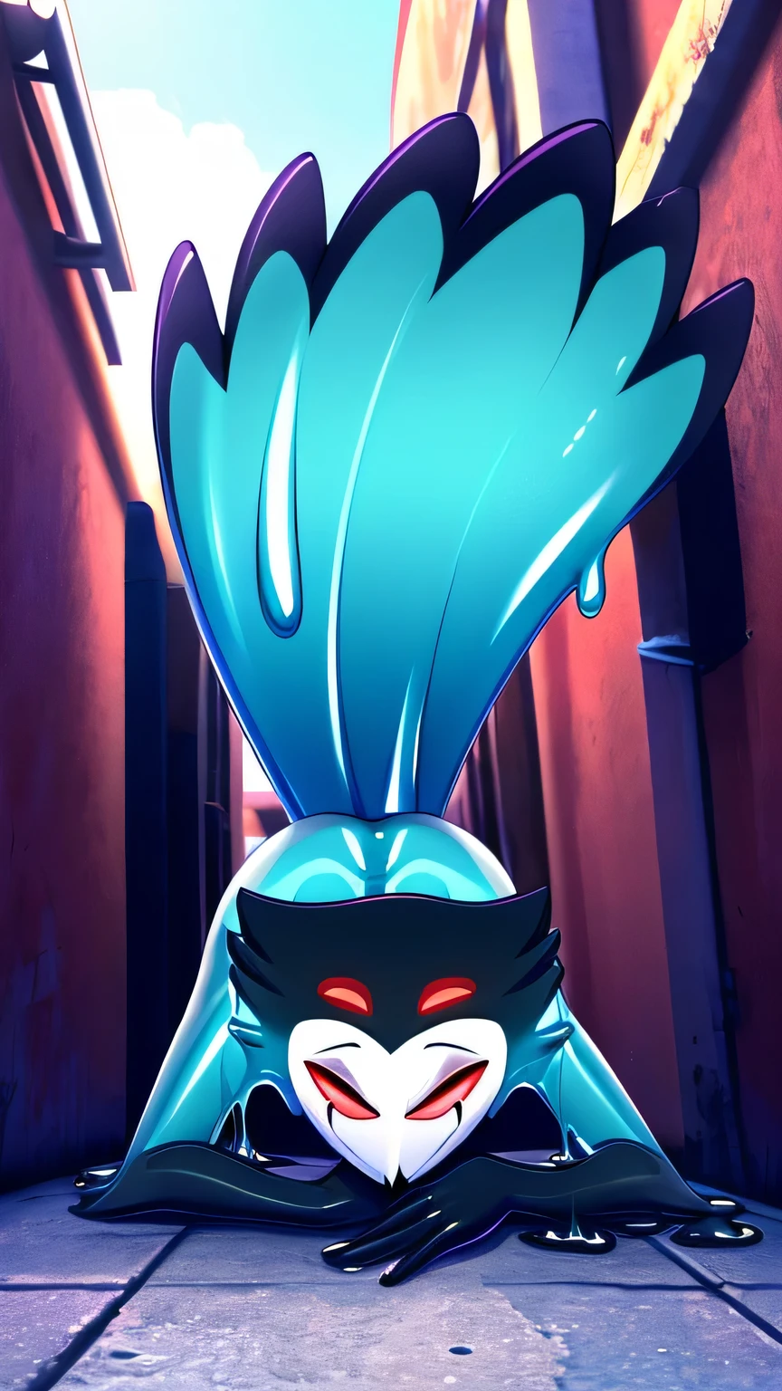 Fox0808 (style), ((masterpiece)), ((8k quality)), (no watermark), stolas, male, detailed alley, ????????????, seductive pose, sleek, shiny blue slime body, long tail feathers, shiny, slick, goo, gooey, ????,