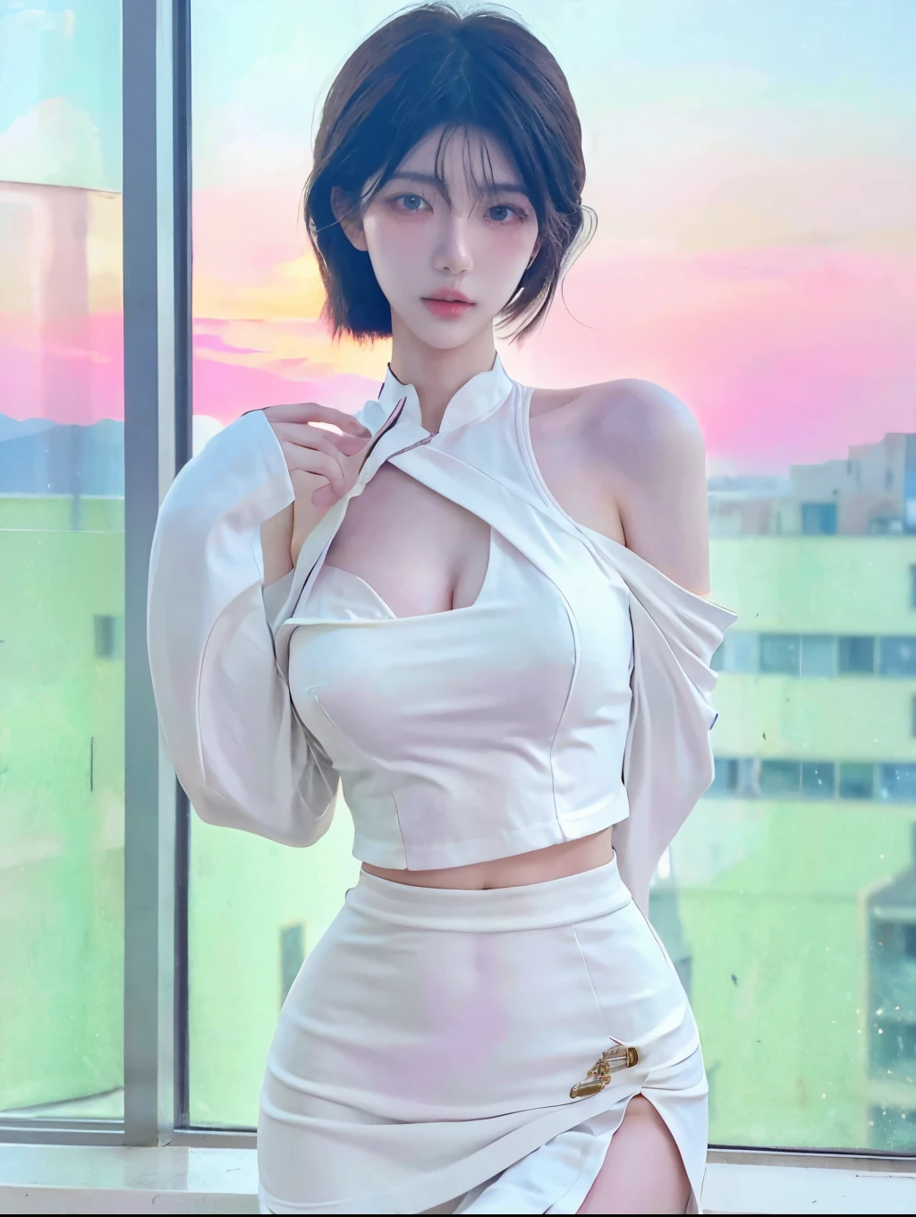 Beautiful woman with perfect figure:1.4,Sun background,ID photo,Layered hairstyle,White skin,Cleavage highlights,Pleated Skirt,whole body,The face and skin are very delicate.,Double eyelids,Skin Whitening,White hair