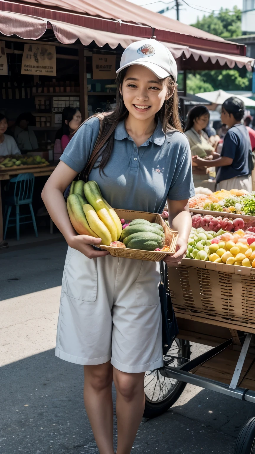 A bustling scene in a large, vibrant market filled with diverse shoppers. An elderly lady with gray hair in a floral dress pushes a cart filled with vegetables, chatting with familiar vendors. Nearby, four young university students in casual attire examine fruits for a picnic, one girl with long brown hair smelling a ripe mango. A middle-aged Asian man in a blue polo shirt selects a fresh salmon at a seafood stall. A young family, the mother in a light dress and straw hat, and the father in a cap and shorts, shop for tomatoes and onions while their two children marvel at a candy stall. The market is a kaleidoscope of colors: bright fruits, rainbow-hued spices, and golden breads. People negotiate, laugh, and sample foods, creating an atmosphere of lively commerce and community.