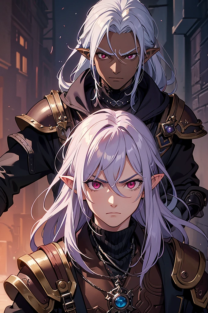 ((best quality)), ((masterpiece)), (detailed), ((boy)), ((mix between dungeonpunk and steampunk)), (serious), fantasy illustration dark skinned, human, upper body, portrait, red eyes, long white hair, wearing armor, Xemnas from Kingdom Hearts, half-drow, pointy ears, serious face, dramatic lighting, purple hue, art by Kinema Citrus and Tetsuya Nomura