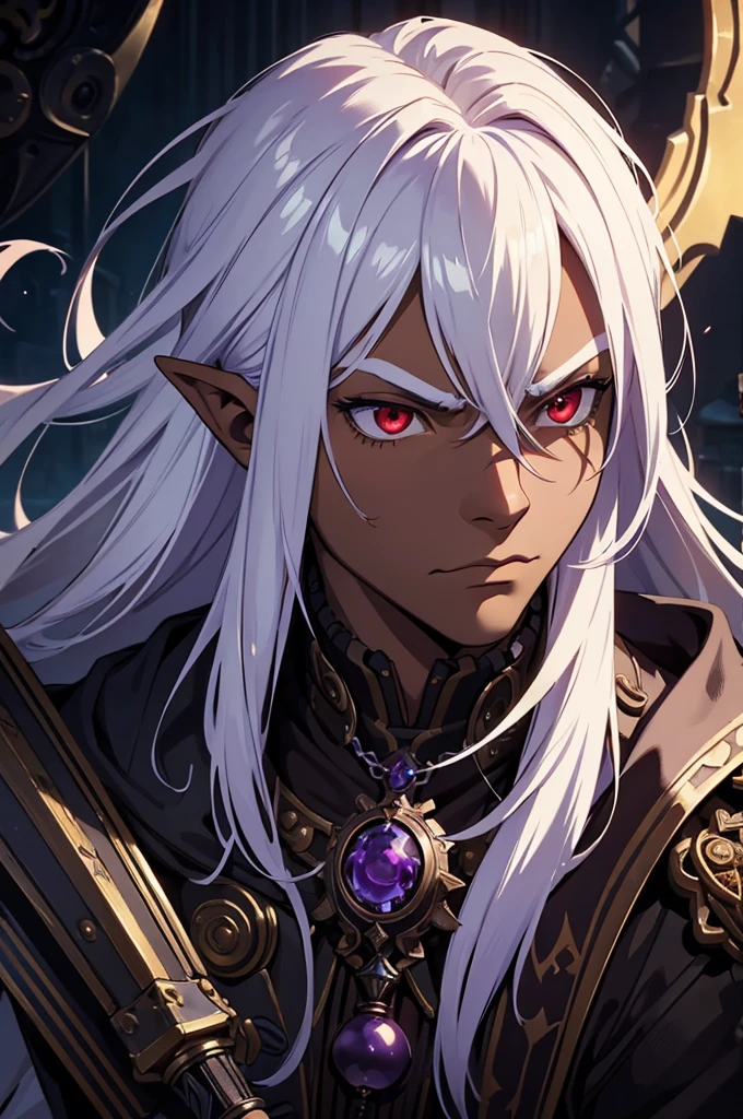 ((best quality)), ((masterpiece)), (detailed), ((boy)), ((mix between dungeonpunk and steampunk)), (serious), fantasy illustration dark skinned, human, upper body, portrait, red eyes, long white hair, wearing armor, Xemnas from Kingdom Hearts, half-drow, pointy ears, serious face, dramatic lighting, purple hue, art by Kinema Citrus and Tetsuya Nomura