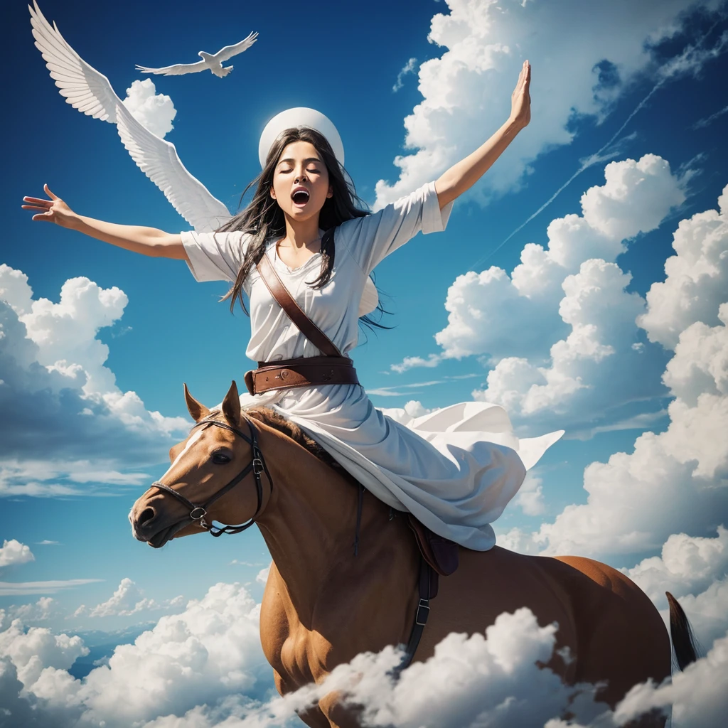 Worshiper in spirit and truth of Jesus riding on a cloud ascending to the presence of God singing